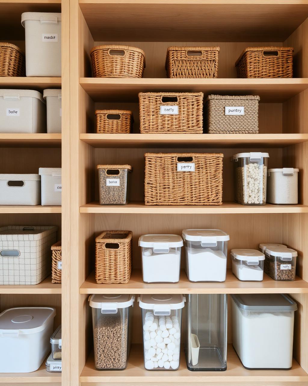 Prateleiras de madeira com cestos e recipientes organizadores