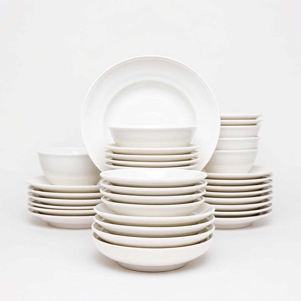Serviço de jantar em porcelana branca empilhado