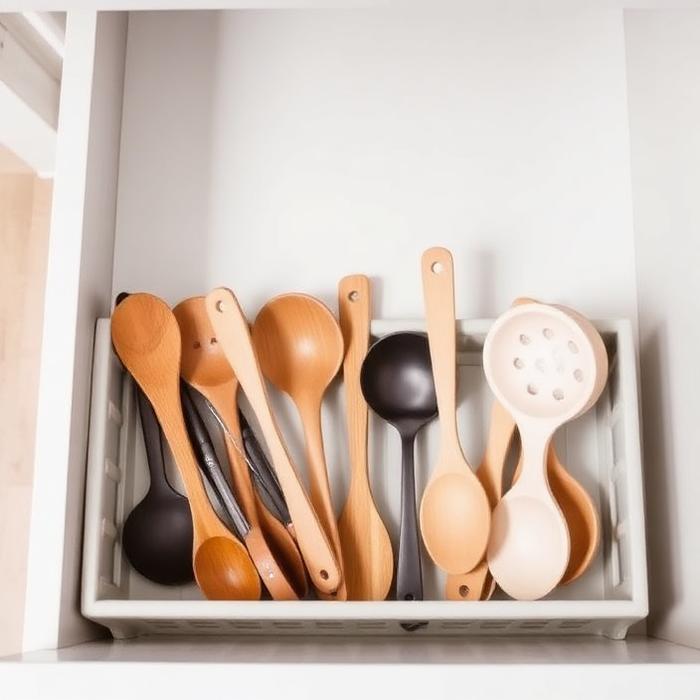Utensílios de madeira organizados numa gaveta