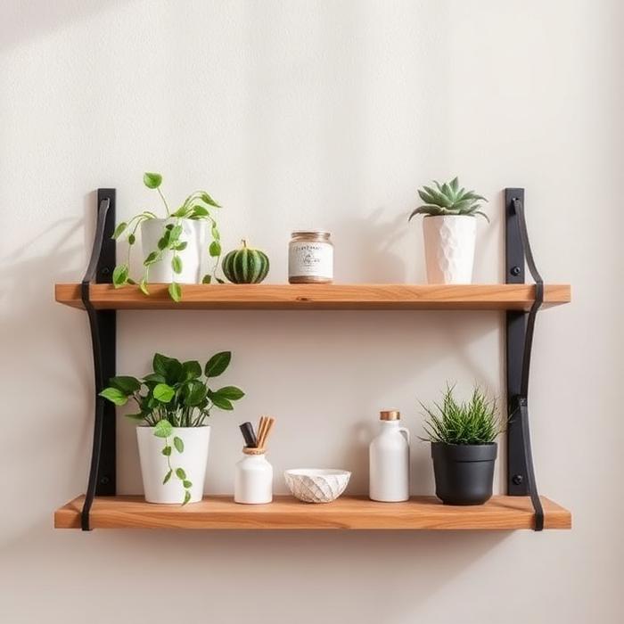 Prateleiras de madeira com suportes em metal preto e plantas